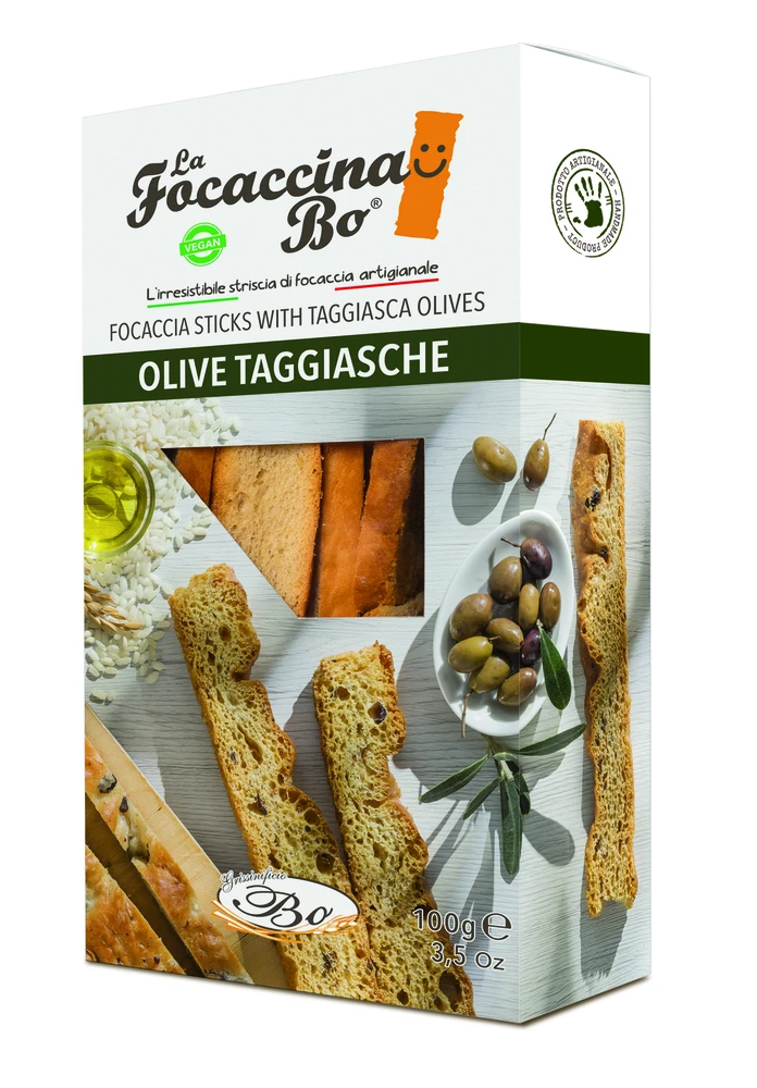 La Focaccina Bo Duonos lazdelės FOCACCINA, Olive Taggiasche, su alyvuogėmis, ryžių aliejumi, 100 g