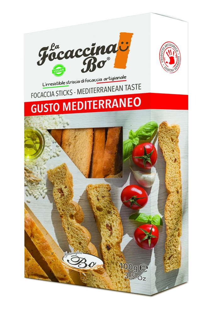 La Focaccina Bo Duonos lazdelės FOCACCINA, Gusto Mediterraneo, su pomidorais, žolelėmis, 100 g