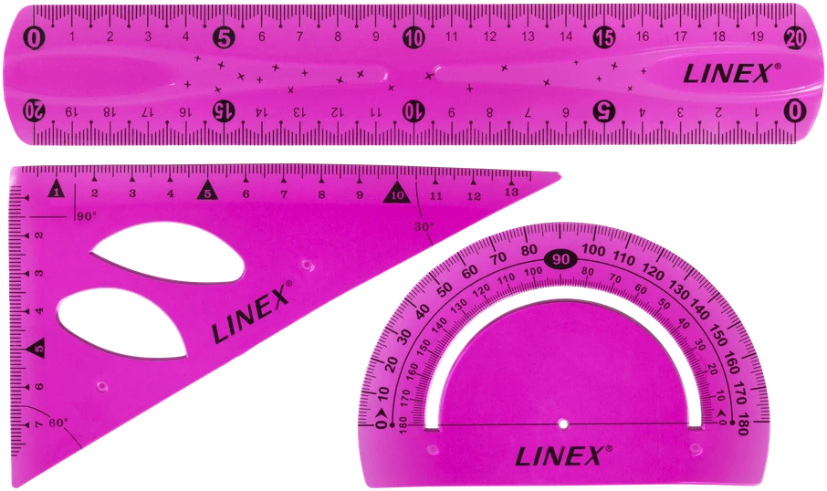 Lanksčių liniuočių rinkinys Linex su 20 cm liniuote, matlankiu ir trikampę liniuote, rožinis