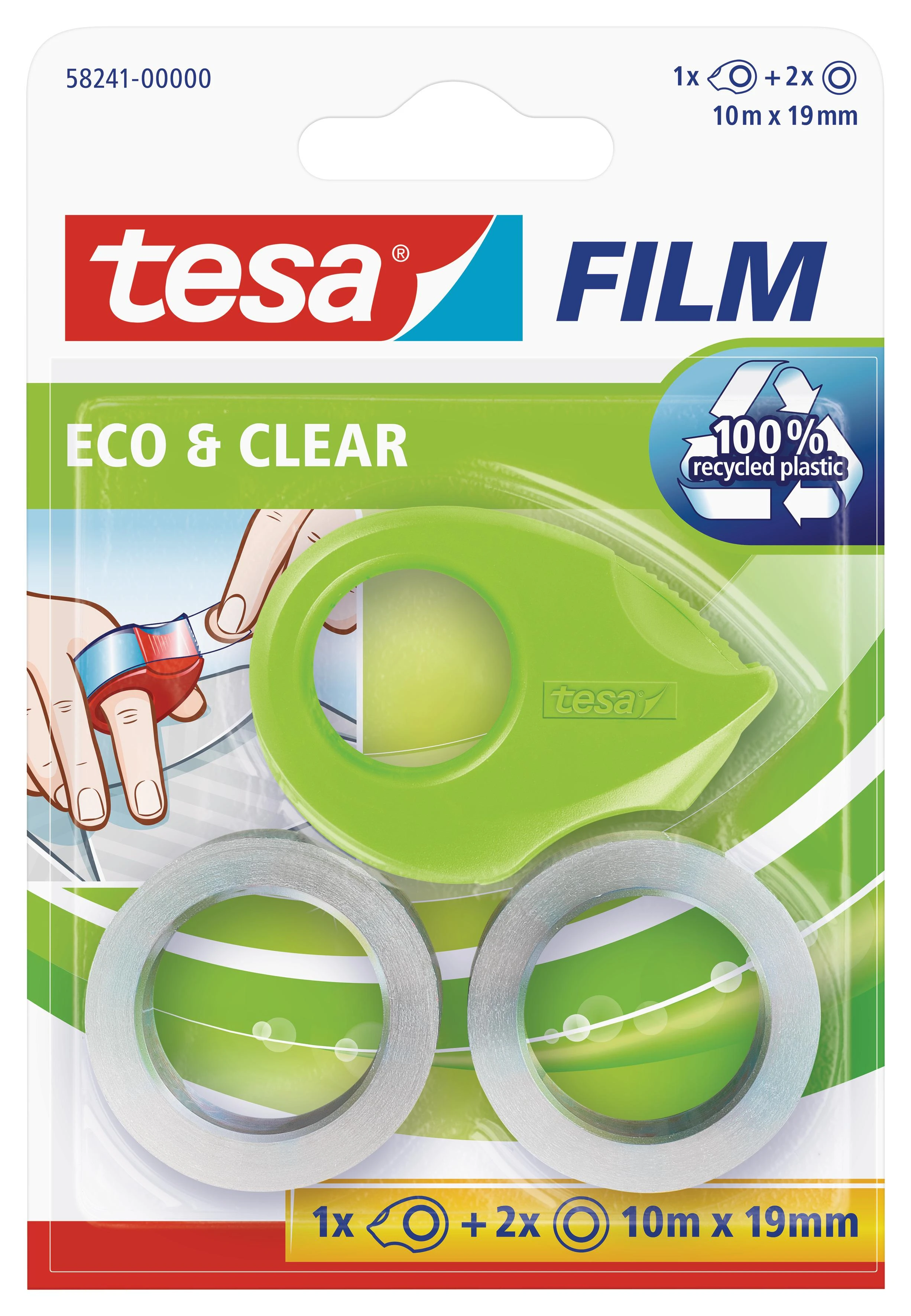 Lipnios juostelės dėklas TESA Mini Tape Dispenser eco su 2vnt. ekologiškų ir skaidrių lipnių juostelių 19mm x 10m