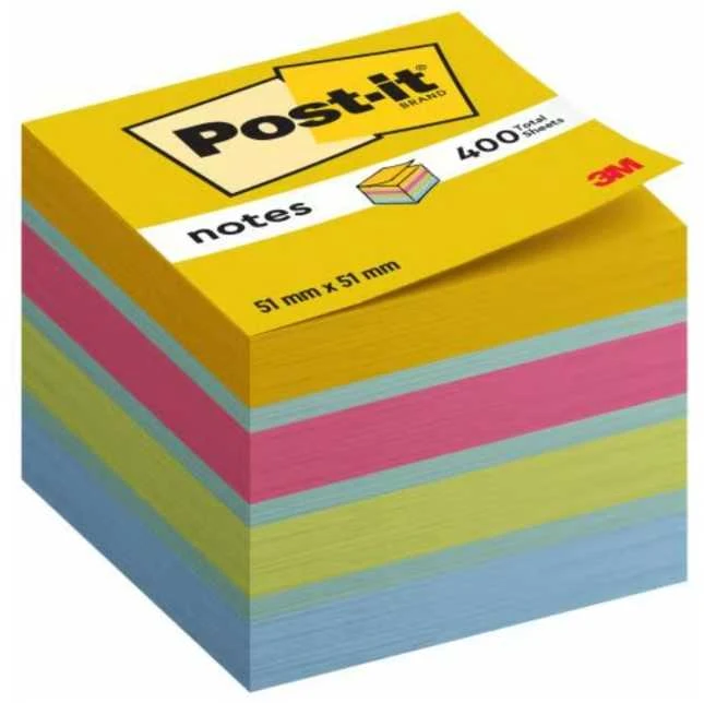 3M Lipnių lapelių kubas Post-it Mini Lemon, 51 x 51 mm, 400 lapelių, įvairios spalvos