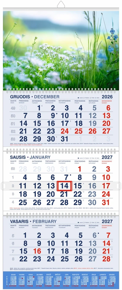 Mobile Serviss Pakabinamas kalendorius ŽYDINTI PIEVA 2027, 3 dalys, 30,3 x 74 cm