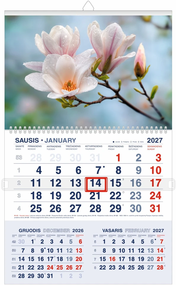 Mobile Serviss Pakabinamas kalendorius MAGNOLIJŲ ŽIEDAI 2027, trys viename, 30,3 x 52 cm