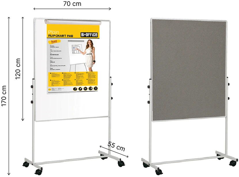 Mobilioji dvipusė lenta BI-OFFICE 70x120, baltoji magnetinė ir pilko veltinio, aliuminio rėmas