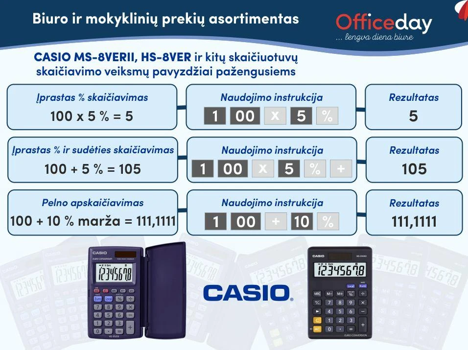 CASIO skaičiuotuvų naudojimo instrukcijų plakatas