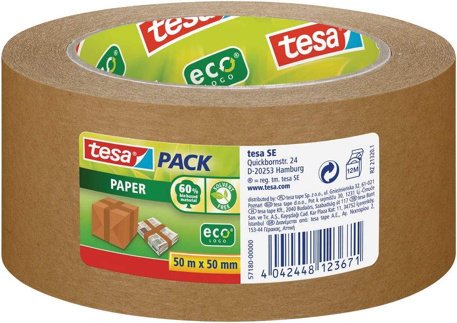Popierinė pakavimo juosta TESA PACK Paper ECO Logo, 50mm x 50m, ruda