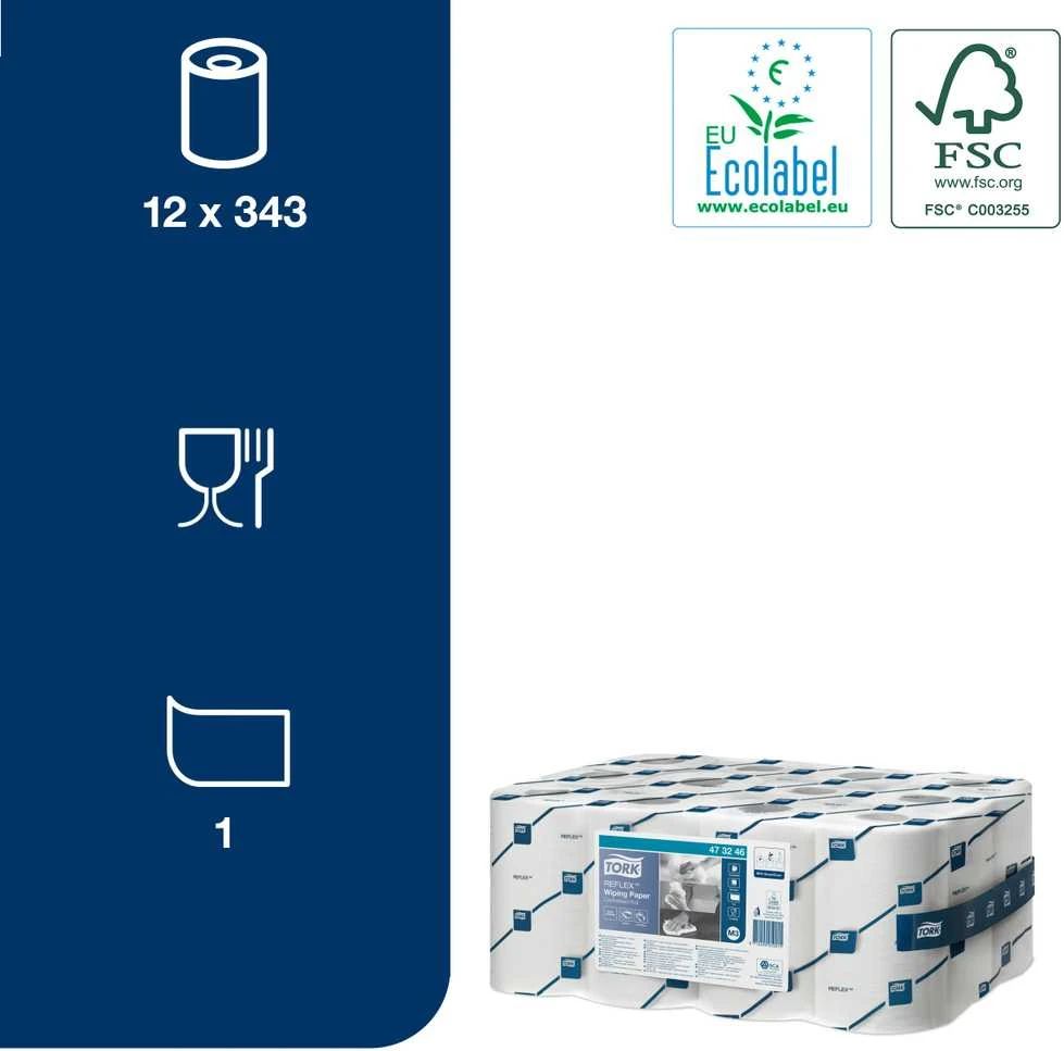 Popieriniai rankšluosčiai TORK, 473246, REFLEX MINI M3, 1.sl., 19.8 x 35 cm, 120 m/rul., balta sp.