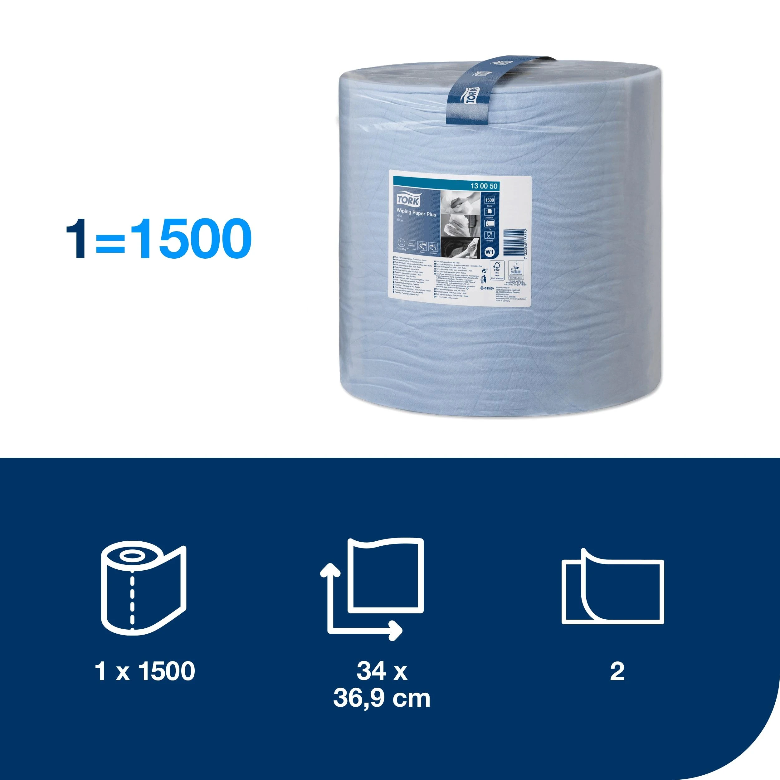 Pramoninis popierius TORK Advanced 420 W1, 130050, 2 sl, 1500 l., 36.9 cm x 510 m, mėlynos spalvos