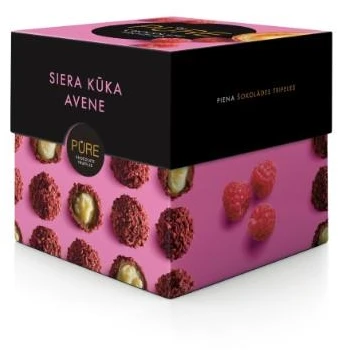 Pure Chocolate Pieniško šokolado triufeliai PURE su sūrio pyrago skonio grietinėlės užpildu ir avietėmis, 96g