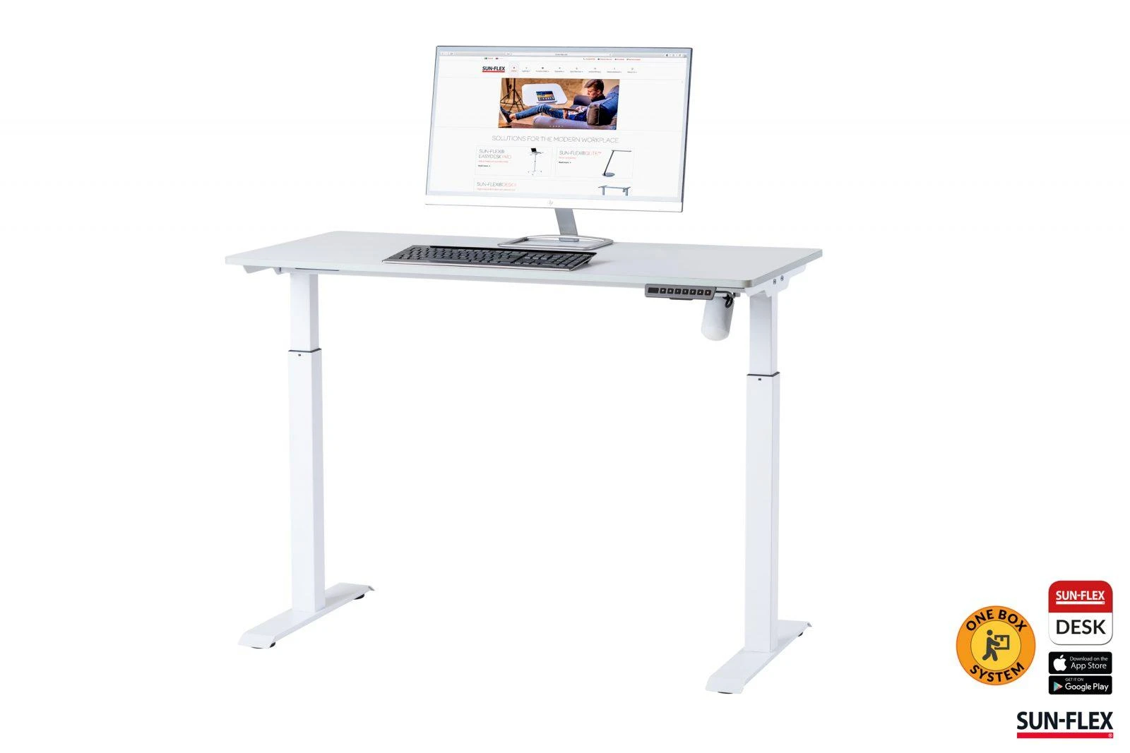 Reguliuojamo aukščio stalas SUN-FLEX®EASYDESK ELITE, elektrinis, vieno variklio, baltas rėmas, 120x60 cm baltas stalviršis