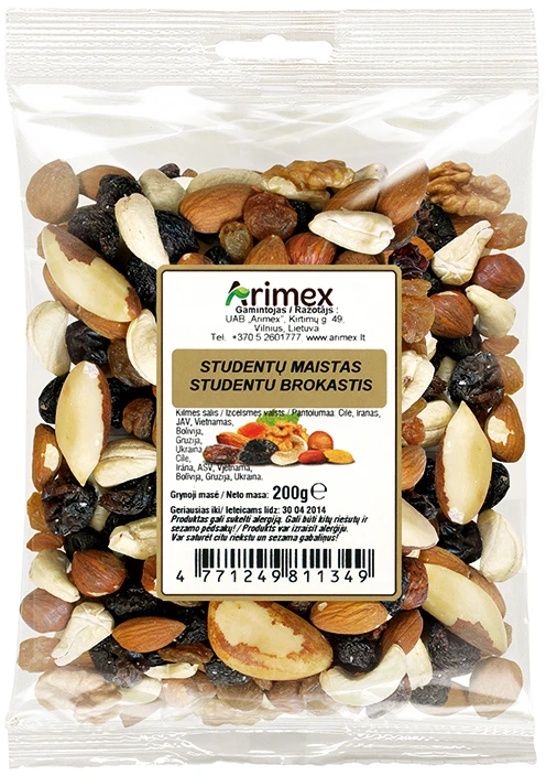 Riešutų ir razinų mišinys Studentų maistas, ARIMEX, 200 g