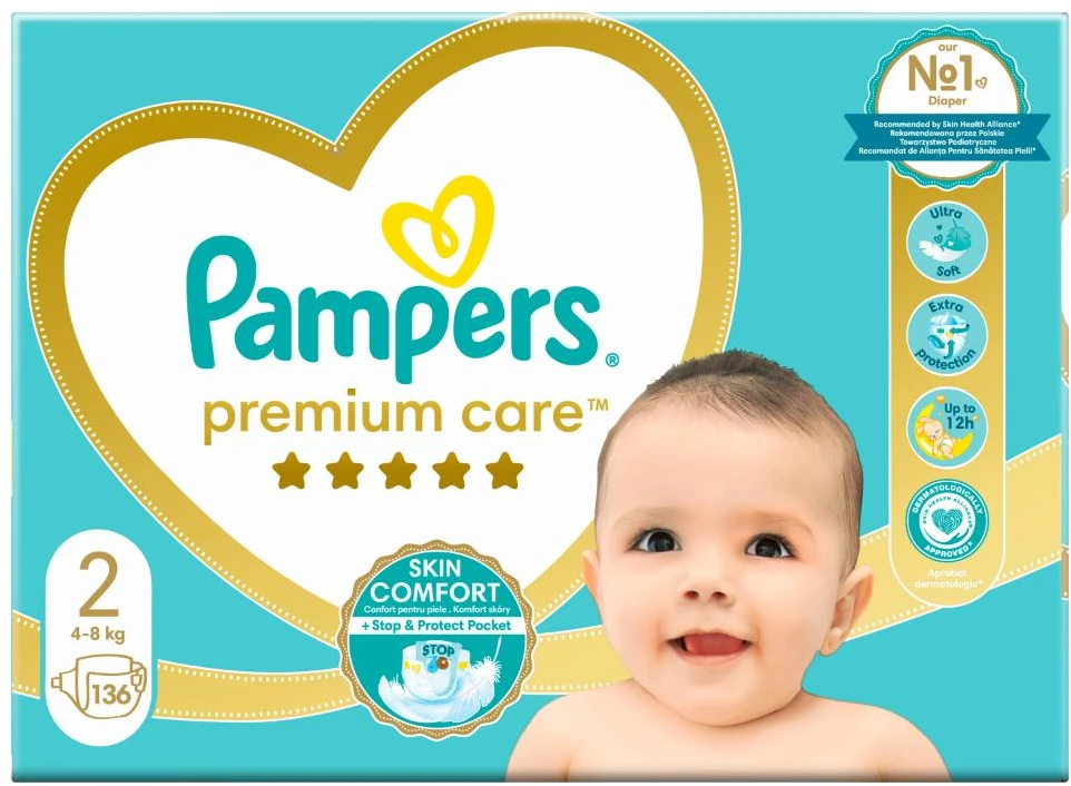 Pampers Premium Care Tape sauskelnės, 2 Dydis, 136 vnt., 4–8 kg