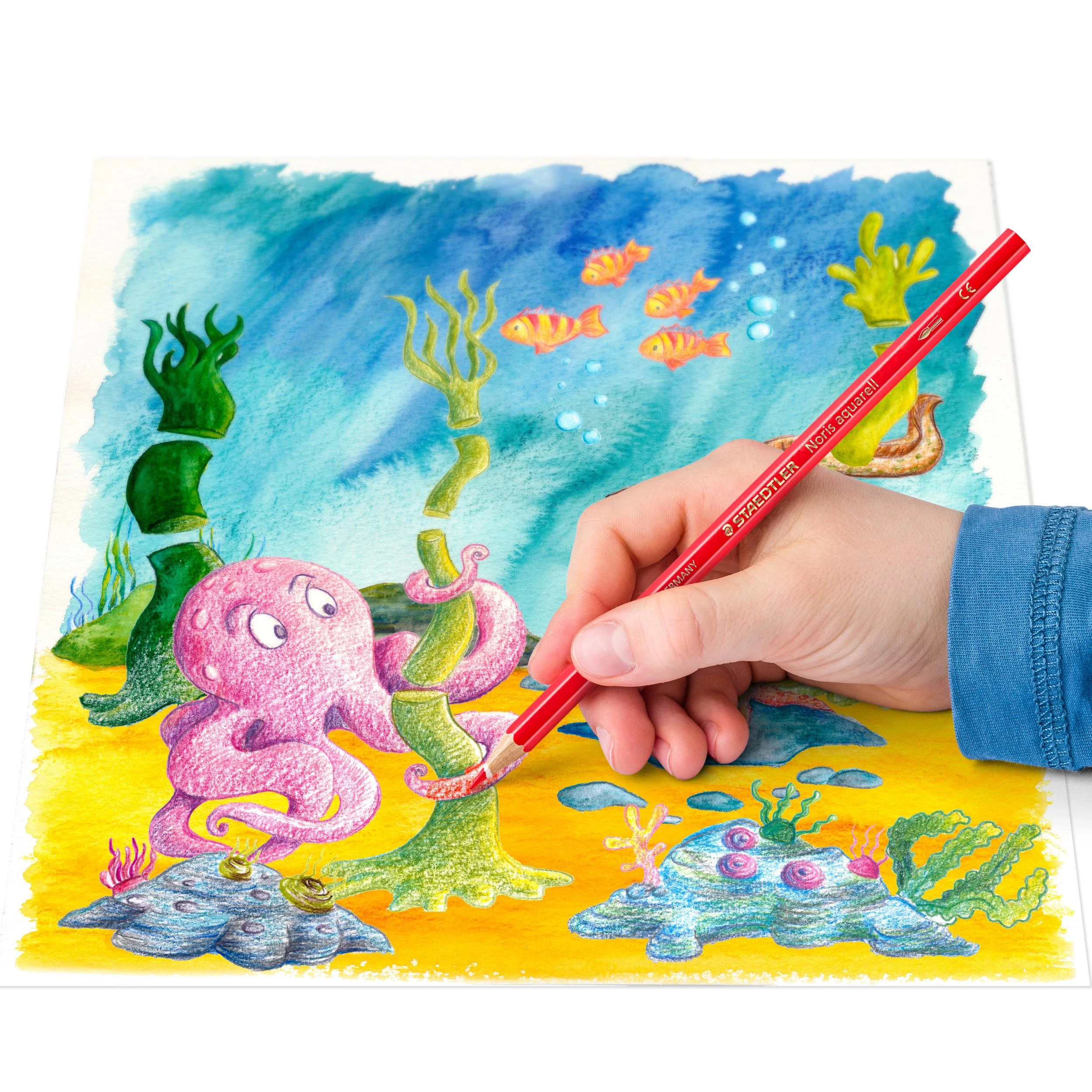 Spalvoti pieštukai STAEDTLER NORIS, šešiabriauniai, akvareliniai, 12 vnt. + teptukas