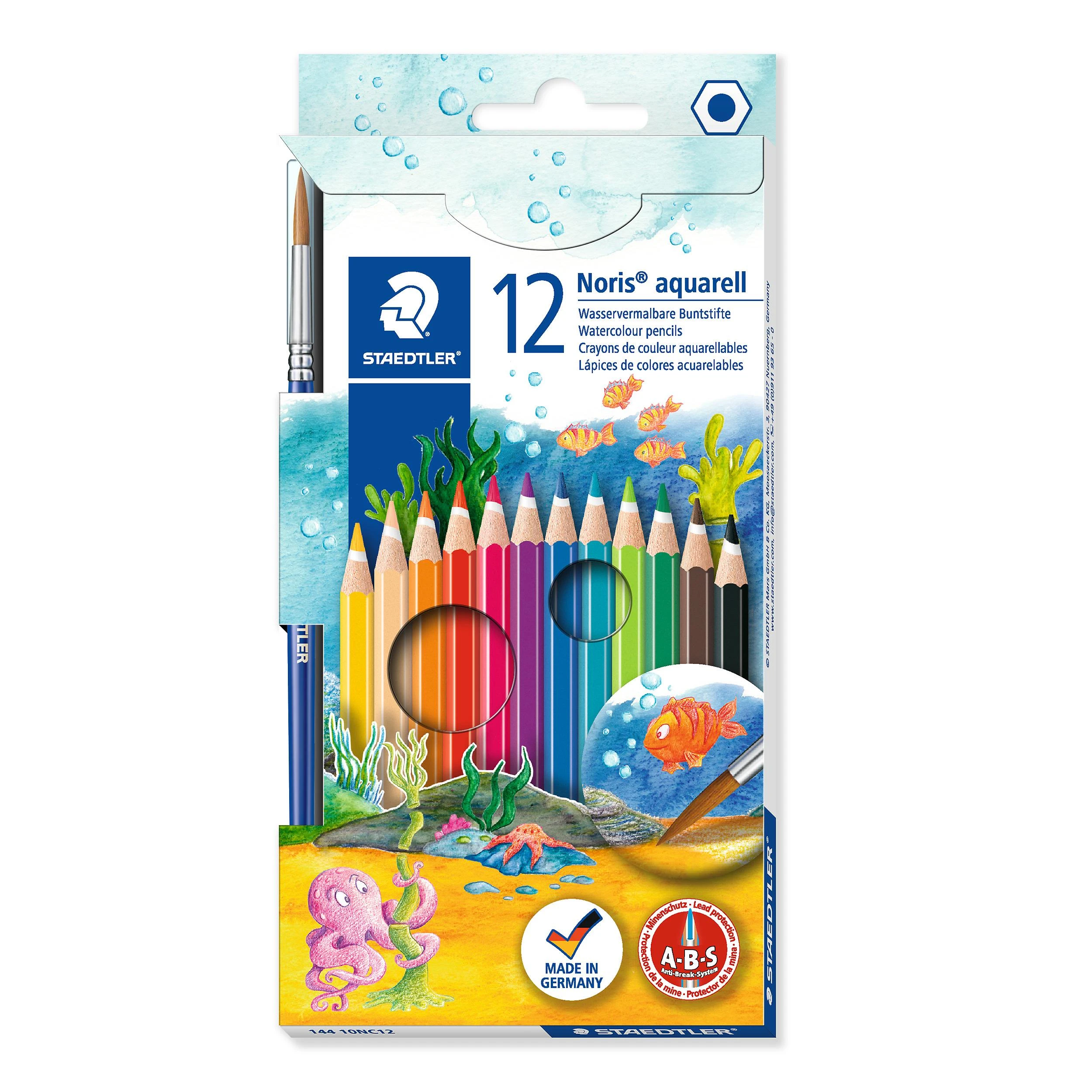 Spalvoti pieštukai STAEDTLER NORIS, šešiabriauniai, akvareliniai, 12 vnt. + teptukas