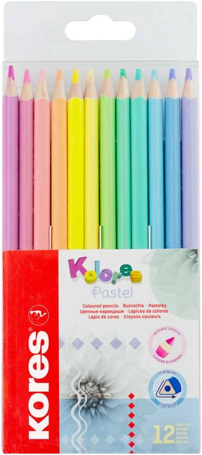 Spalvoti pieštukai KORES KOLORES PASTEL, tribriauniai, 3mm, 12 pastelinių spalvų