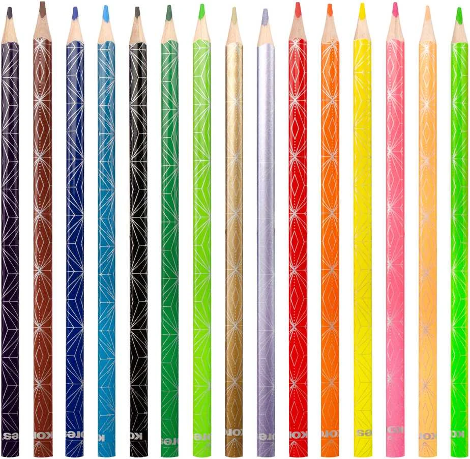 Spalvoti pieštukai KORES KOLORES STYLE, tribriauniai, 3mm, 15 spalvų (2 metalizuotos spalvos ir 1 neoninė)