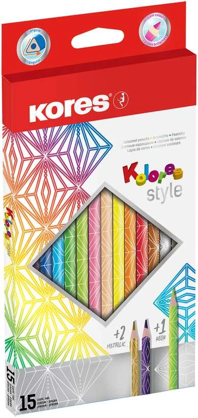 Spalvoti pieštukai KORES KOLORES STYLE, tribriauniai, 3mm, 15 spalvų (2 metalizuotos spalvos ir 1 neoninė)