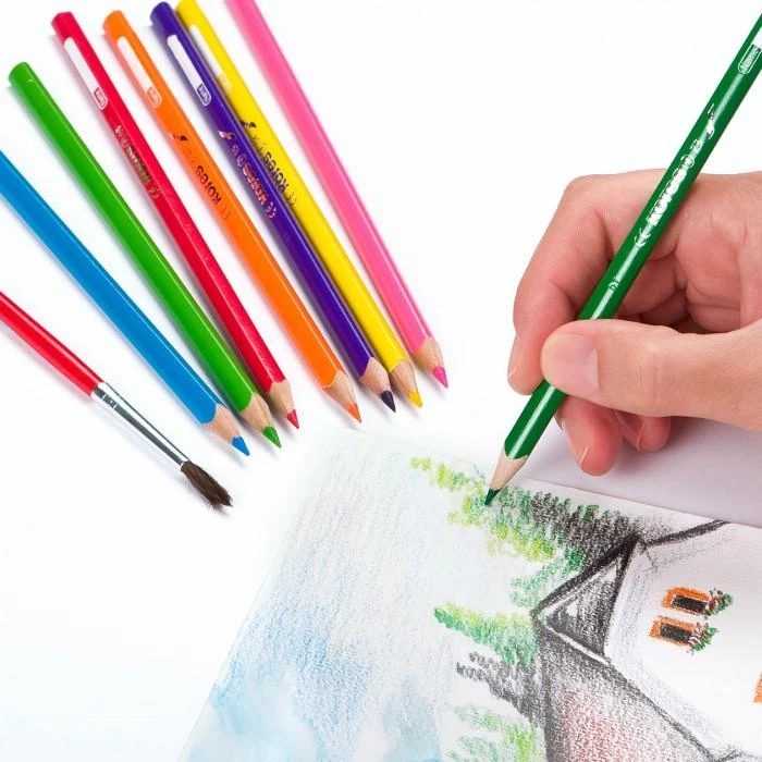 Spalvoti pieštukai KORES, tribriauniai, akvareliniai, 12 vnt. + teptukas ir drožtukas