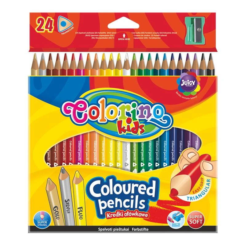 Patio Spalvoti pieštukai, tribriauniai COLORINO, 24 spalvos, su drožtuku