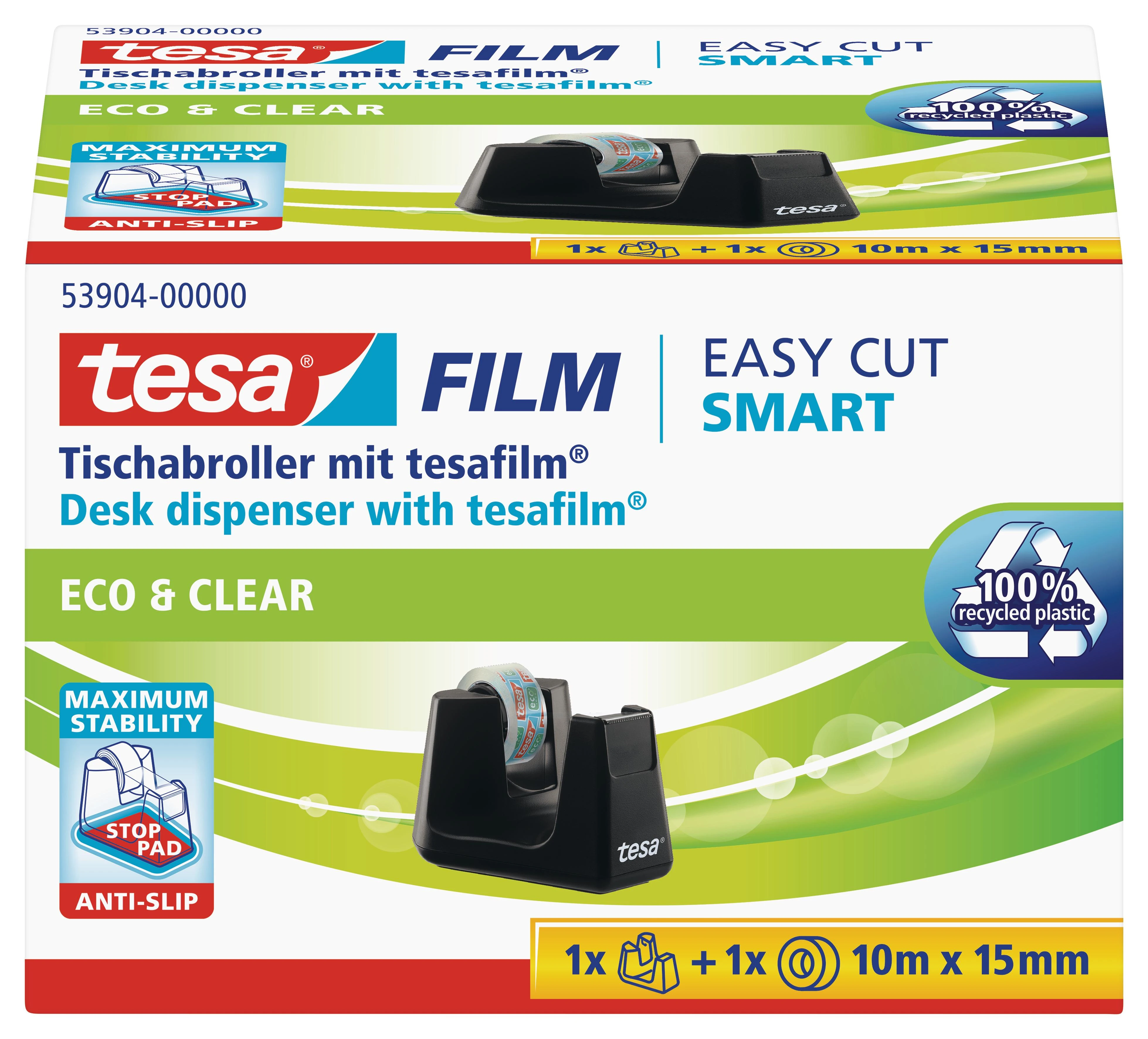 Stalinis lipnios juostelės dėklas TESA Easy Cut Smart su Tesafilm ekologiška ir skaidria juostele, 15mm x 10m