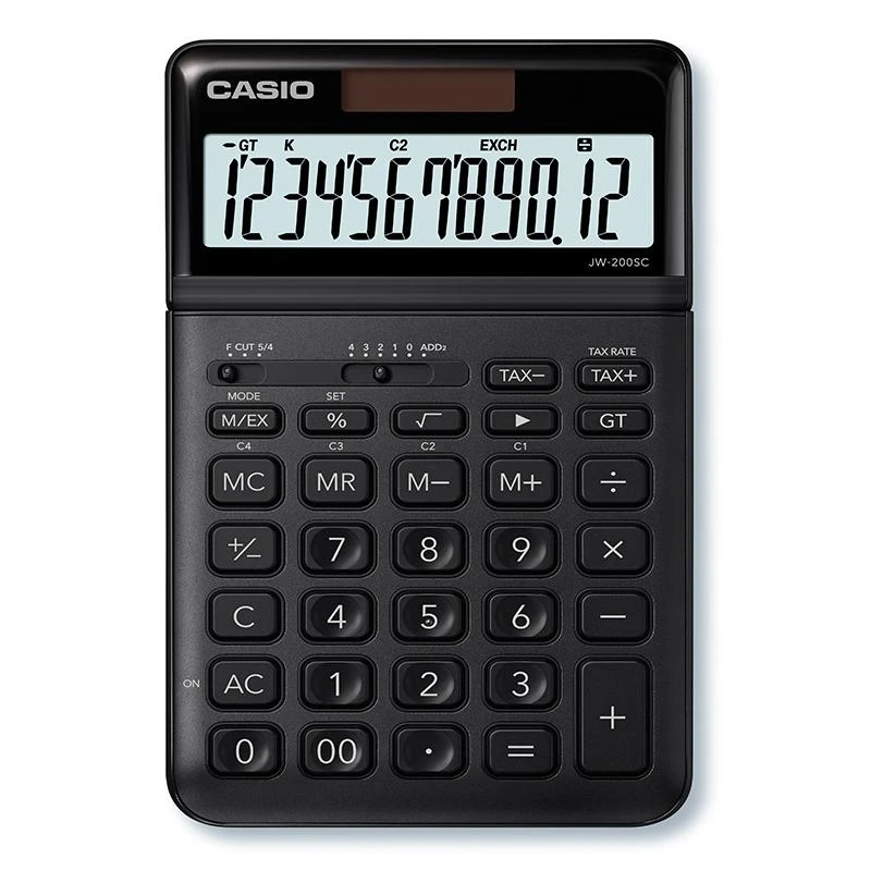 Casio JW-200SC juodas skaičiuotuvas su 12 skaitmenų ekranu