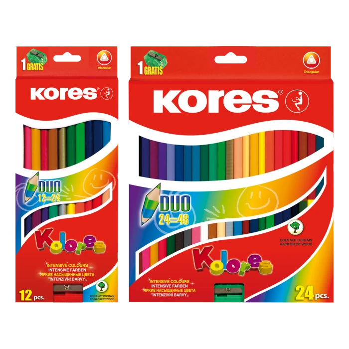 Tribriauniai dvigubi spalvoti pieštukai KORES KOLORES DUO, 12 vnt.