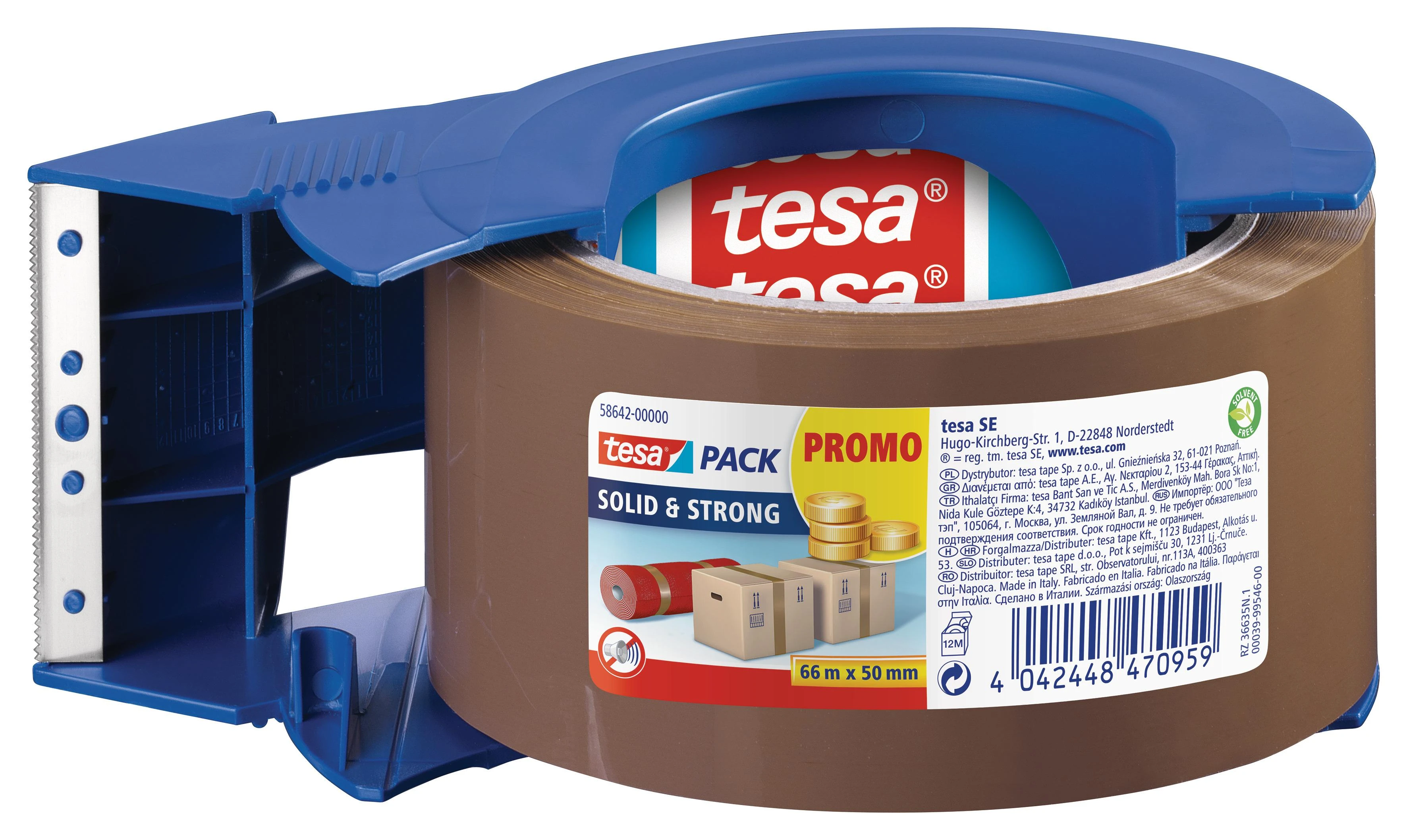 Tyli pakavimo juosta TESA PACK Solid and Strong, 50mm x 66m, ruda, su dėklu