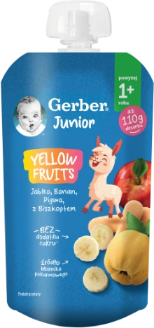 Vaikiška tyrelė GERBER su obuoliais, bananais, svarainiais ir sausainiais, maišelyje, 110g