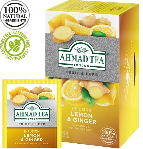 Vaisinė ir žolelių arbata AHMAD ALU LEMON & GINGER, 20 vokelių po 2g