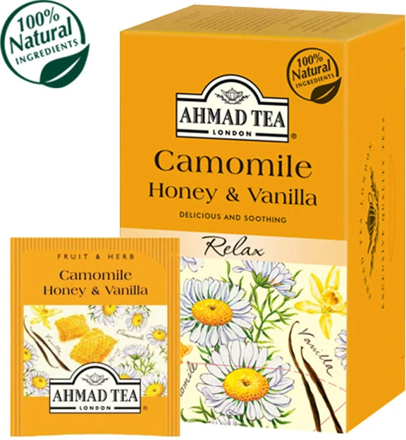 Ahmad Tea ramunėlių arbata su medumi ir vanile pakuotė