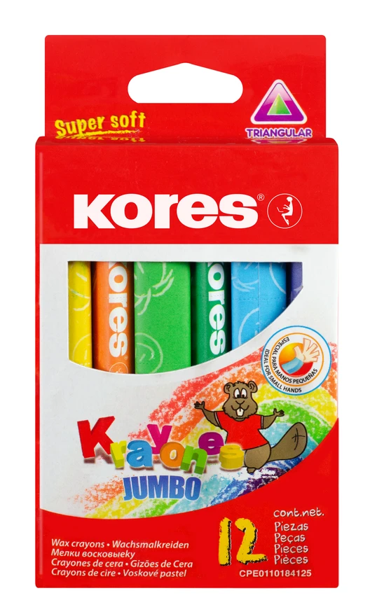 Vaškinės trikampės kreidelės KORES JUMBO, 12 spalvų