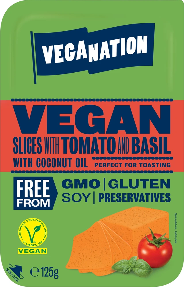 Veganiškas sūris Veganation su pomidorais ir baziliku, riekelėmis, 125 g