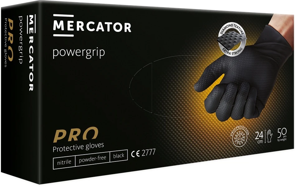 Mercator Medical Viekartinės pirštinės MERCATOR Powergrip, nitrilinės, juodos, L dydis, 50 vnt