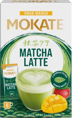Žaliosios arbatos gėrimas MOKATE latte matcha ir mango skonio, 6 x 14g