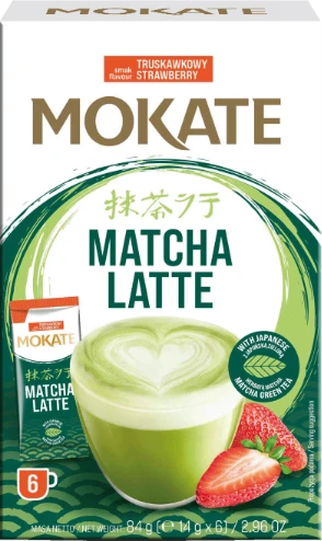 Žaliosios arbatos gėrimas MOKATE Matcha latte su braškėmis, 6 x 14g