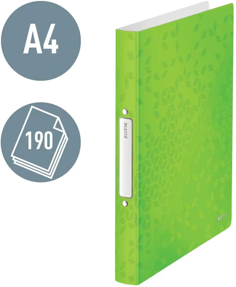 Žalias Leitz WOW segtuvas su A4 formato ir 190 lapų piktogramomis