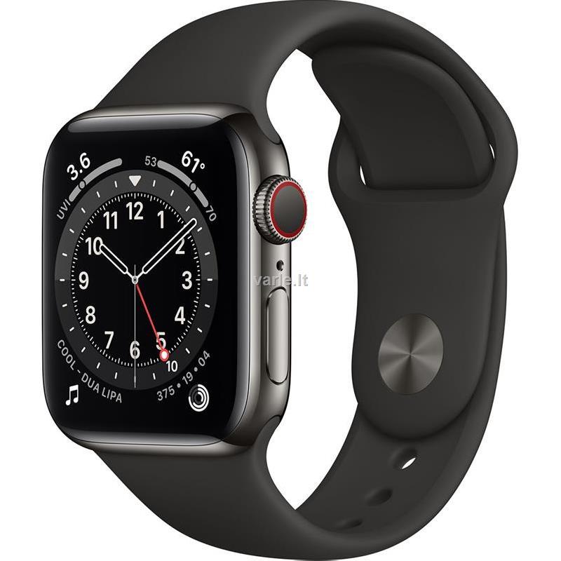 Išmanusis laikrodis Apple Watch Series 6 GPS + Cellular, 40mm, Grafito  spalvos nerūdijančio plieno korpusas su juodos spalvos sportiniu dirželiu |  Varle.lt