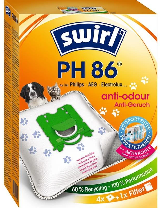 Swirl® Dulkių siurblių maišeliai PH86 NeutralizeAir Žalias (4 maišeliai + 1 filtras, skirti Philips, AEG, Electrolux)