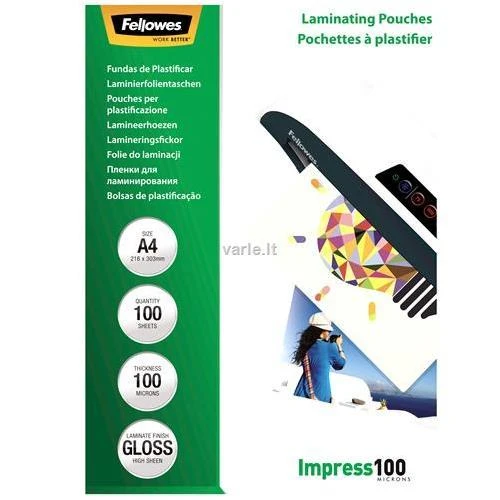 FELLOWES LAMINATING POUCH 100MIC A4 100PK