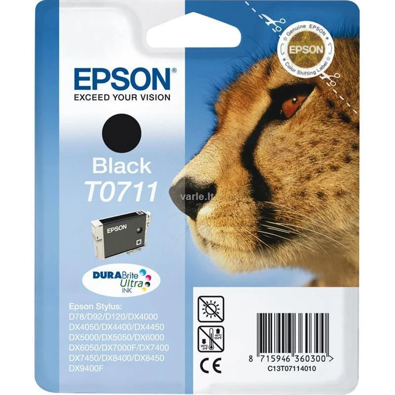 EPSON T0711 rašalo kasetė juodas standartinės talpos 7,4 ml 1 pakuotės lizdinė plokštelė be signalizacijos