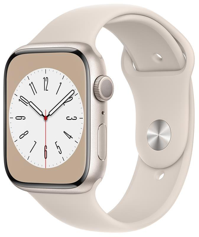 Išmanusis laikrodis Apple Watch Series 8 GPS, 45 mm, "Starlight" spalvos aliuminio korpusas su "Starlight" spalvos sportiniu dirželiu