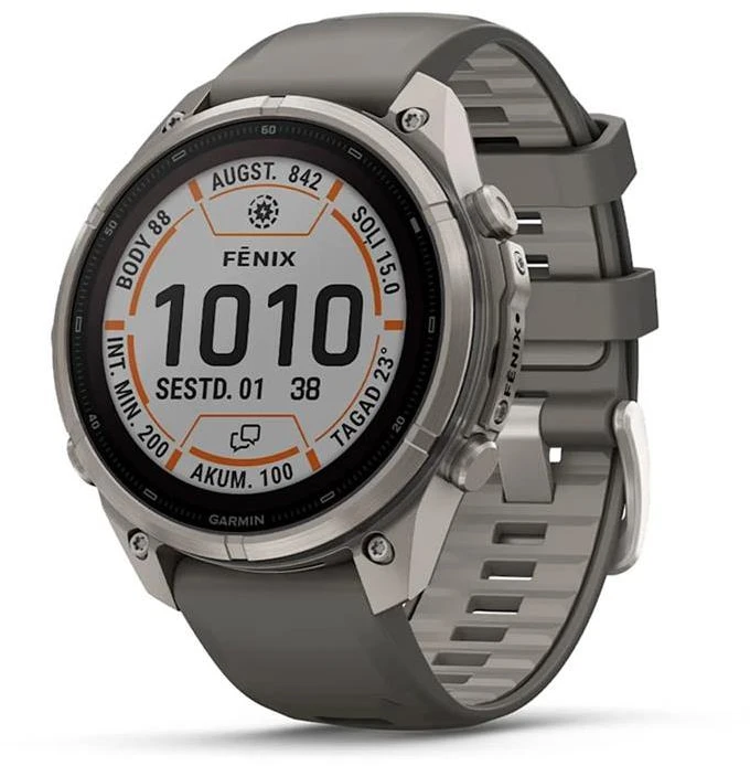 „Garmin fenix 9 Pro“ Solar išmanusis laikrodis, „inReach“, 47 mm, titano korpusas su „Pebble Pilkas“ spalvos silikonine apyranke