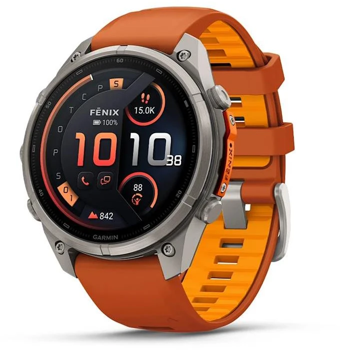 „Garmin fenix 9 Pro“ išmanusis laikrodis, „inReach“, 47 mm, titano korpusas su „Autumn Oranžinis“ / „Spark Oranžinis“ spalvos silikonine apyranke