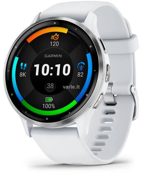 Išmanusis laikrodis Garmin Venu® 3, 45 mm, Sidabro spalvos nerūdijančiojo plieno apvadas su baltojo akmens korpusu ir silikoniniu dirželiu