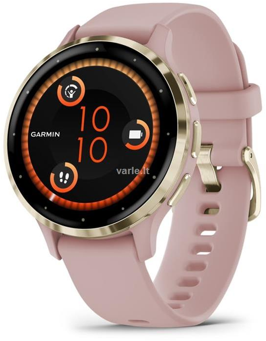 Išmanusis laikrodis Garmin Venu® 3S, Šviesaus aukso spalvos nerūdijančiojo plieno apvadas su pilkai rausvos spalvos korpusu ir silikoniniu dirželiu