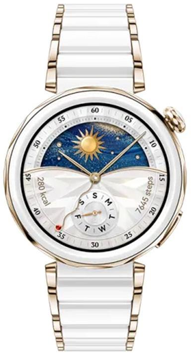 Išmanusis laikrodis Huawei Watch GT 5 Pro Active (42 mm), Baltos spalvos keramikinis dirželis su aukso spalvos detalėmis