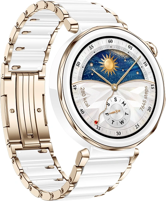 Išmanusis laikrodis Huawei Watch GT 5 Pro Active (42 mm), Baltos spalvos keramikinis dirželis su aukso spalvos detalėmis