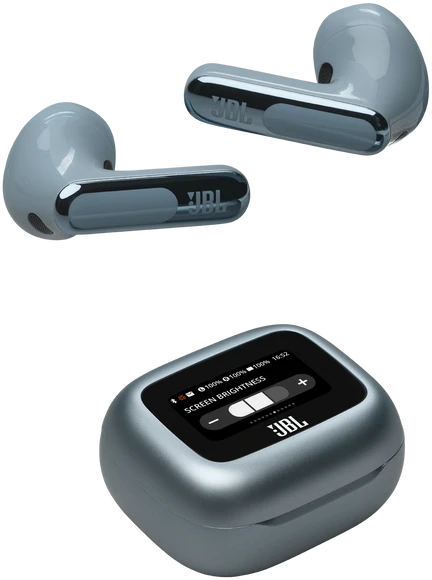 JBL Live Flex 3 mėlynos ausinės su ekranu dėkliuke