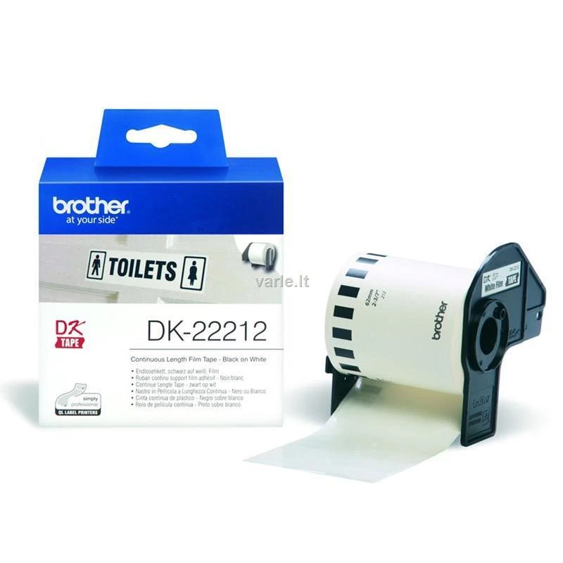 Originalus Brother DK-22212 nenutrūkstamo ilgio kino juostos stiliaus etikečių ritinėlis – juodos raidės baltame fone, 62 mm.