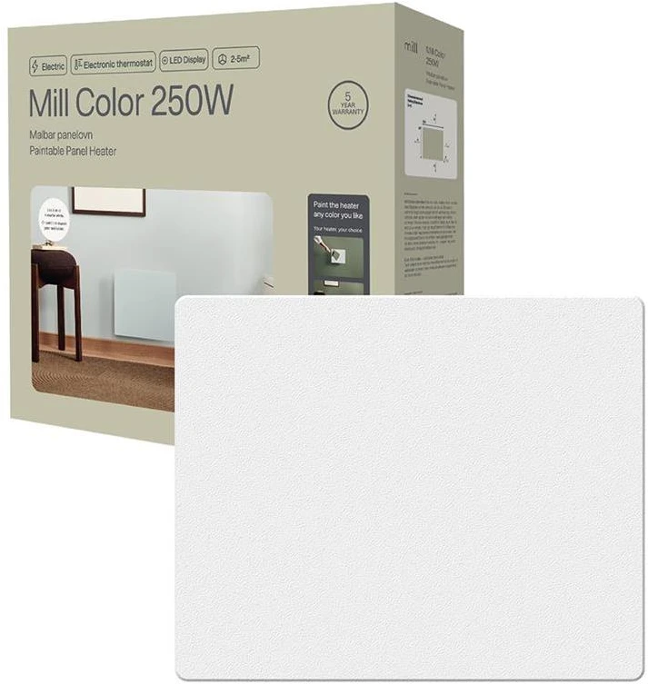 Mill Color Panelinis Šildytuvas | COLOR250 | Panelinis Šildytuvas | 250 W | Tinka patalpoms iki 2-5 m² | Matinis Baltas | IPX4